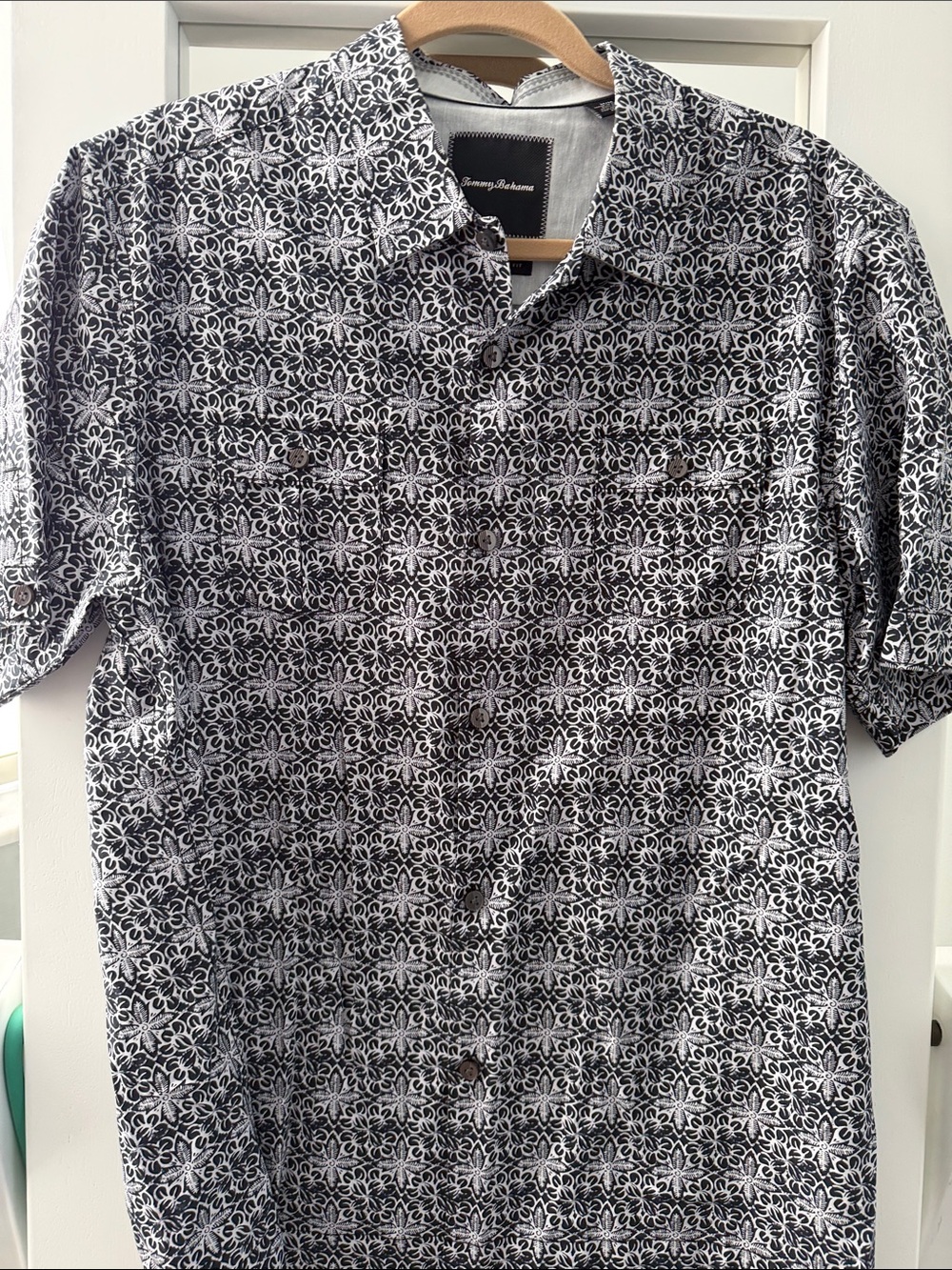 Tommy Bahama Black & White Short-Sleeve Camp Shirt with Floral Geometric Print
